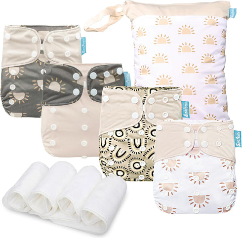 Baby Cloth Diapers Set - 4 Pack with 4 Inserts & 1