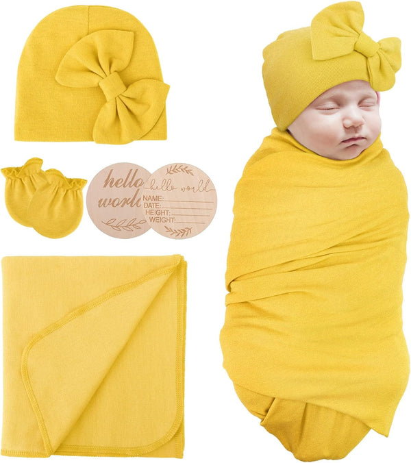 Baby Girl Newborn Receiving Blanket with Matching Bow Hat and Mittens Set, Baby Swaddle Shower Gift