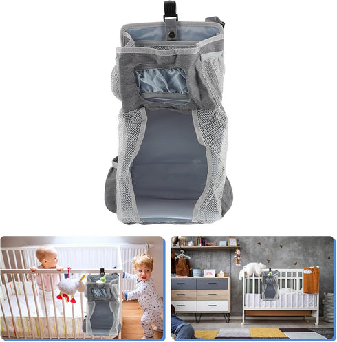 HAKIDZEL Hanging Diaper Organizer Pouch for Crib, Large Gray Fabric Nursery Storage Bag with Diaper Holder for Newborns