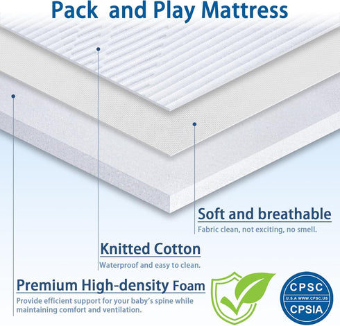 Pack 38" 26" 1.25", Pack and Play Mattress x x Soft Breathable Playard & N Play Mattresses with Washable Waterproof