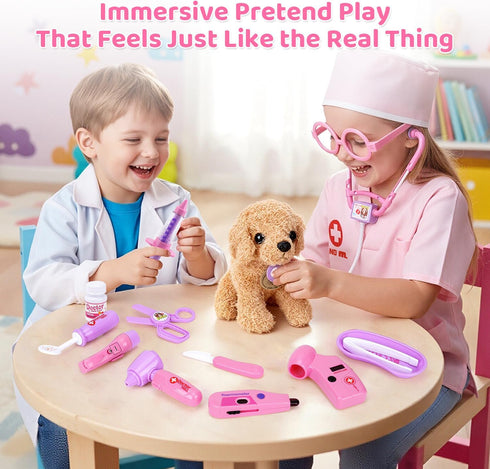 Set 3 4 5 6 Meland Toy Doctor Kit for Girls, Pretend Play Toy Doctor with Dog , Carrying Bag, Stethoscope & Dress Up