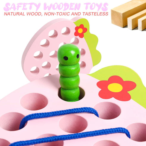 Wooden Lacing Toys for Toddlers, Baby Strawberry Threading Toys for Learning Fine Motor Skills, Montessori Educational