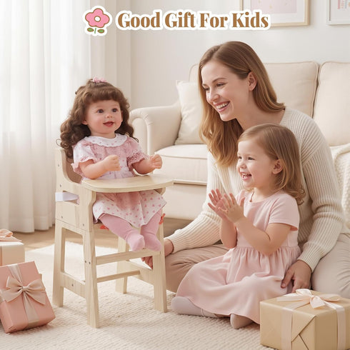 Set 15-20 Inch BABESIDE Wooden Baby Doll High Chair for Dolls Furniture, Babydoll High Chair with Adjustable Tray, Safe
