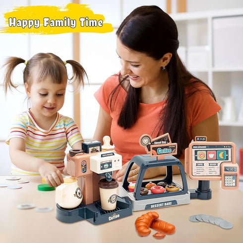 Jomifin Playset 41 Pretend Play Coffee Shop PCS with Coffee Maker Machine, Sound Cash Register and Dessert Bakery