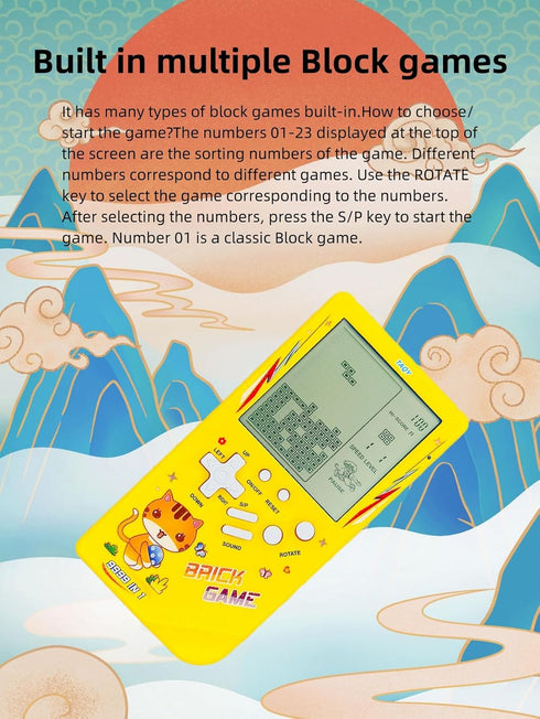 Cute Cat Pattern Block Game Console - 23 Brick Games Retro Mini Game Machine (Green)