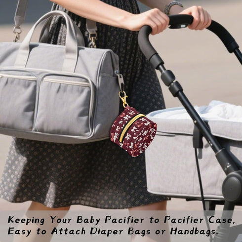 Red and White Bow Pattern Pacifier Holder Case with Hook - Convenient Diaper Bag Accessory