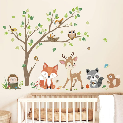 decalmile Woodland Animals Tree Wall Stickers Fox Deer Owl Wall Decals Baby