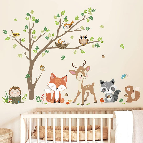 decalmile Woodland Animals Tree Wall Stickers Fox Deer Owl Wall Decals Baby