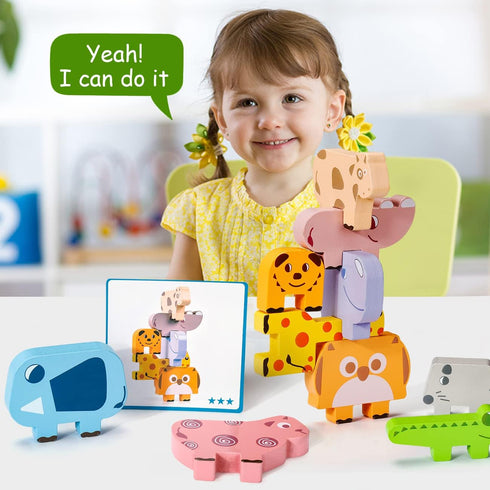 Montessori Toys for 2-4 Year Olds, 10pcs Wooden Animal Blocks Sorting & Stacking Educational Toys for Toddlers Gifts