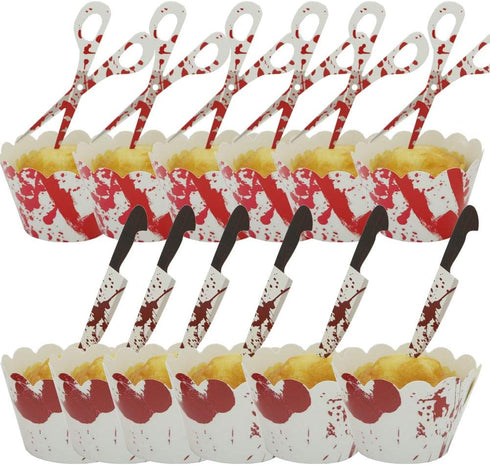 Halloween Cupcake Toppers & Wrappers, Horror Cake Decoration, Bloodstain Cake Knife, 12 Sets (24pcs)