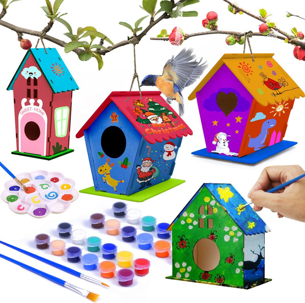 hapray 4 Pack Bird House Crafts for Kids Ages 5-12, Buildable DIY Birdhouse Kit for Summer Arts Projects
