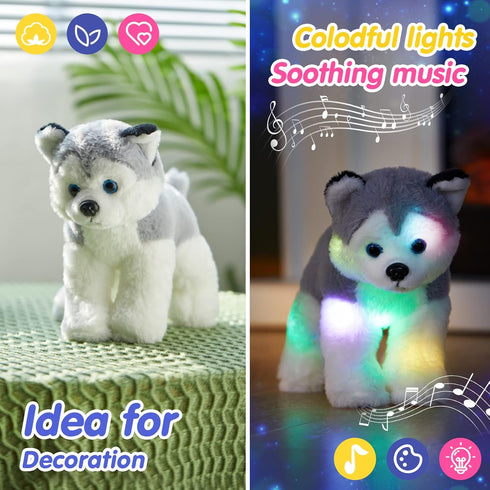 12 BSTAOFY Musical Light up Husky Puppy Stuffed Animal Realistic LED Singing Dog Soft Plush Toy with Night Lights Glow
