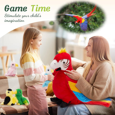 18'' Mommy 4 Tezituor Macaw Parrot Stuffed Animals with Babies, Stuffed Parrot Plush with Baby Parrots, Realistic