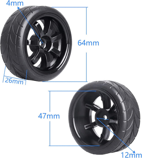 4PCS Rubber Tires & Wheel Rims 12mm Hex Hub for 1/10 Scale RC Vehicle - Width: 1.02" (26mm) OD 2.56"(65mm)