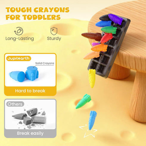 12 JUPITEARTH Colors Crayons for Toddlers, Non-Toxic Washable Rocket Crayons, Easy-to-Hold Coloring Gifts & Mess-Free
