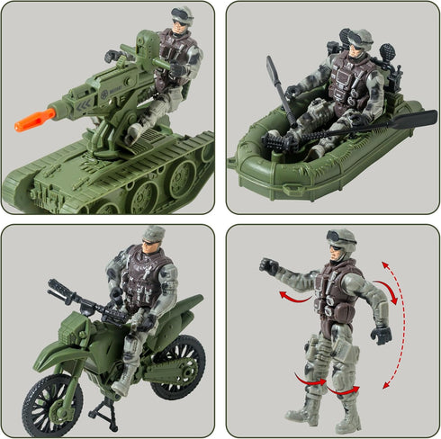 Army Toys Military Soldier Action Figures Set with Green Army Men, Rowboats, Motorcycles, and Accessories for Boys