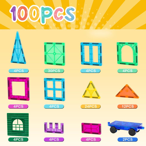 100PCS Set, FNJO Magnetic Tiles, Building Blocks, STEM Magnets Building Toy Preschool Kindergarten Construction