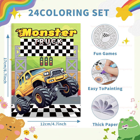 24 BenLouis Pcs Monster Truck Mini Coloring Books Kids Monster Car Party Favors Small Activity Books Bulk for Kids