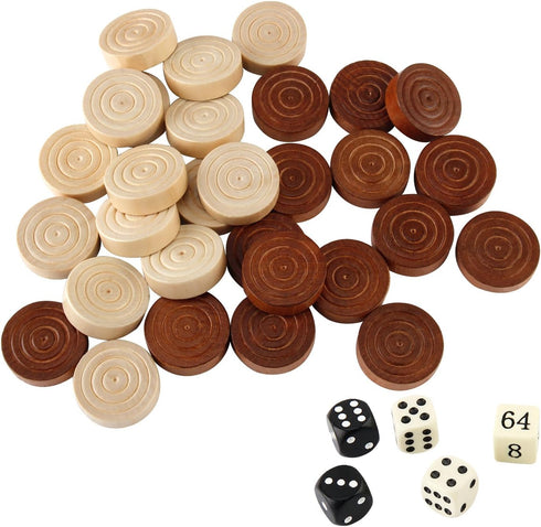 Amerous Thread Wooden Checkers Pieces with Drawstring Bag - Nature Wood Backgammon Pieces, 5 Dices Included