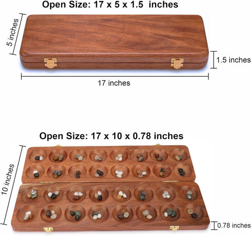 Set Ajuny Wooden Mancala Board Game - Large Folding Board with Multicolor Stones, Ideal for Family Night, Portable