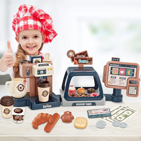 yoliyogo Playset Set Pretend Play Coffee Maker Toy Role Play Coffee Shop Party with Coffee Machine Cash Registers Toy