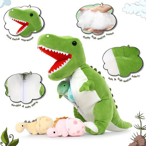 Tezituor Giant Dinosaur Stuffed Animal, 23.6'' Big T-Rex Mommy Plush Toy with 3 Baby Dinosaurs & Egg Bags