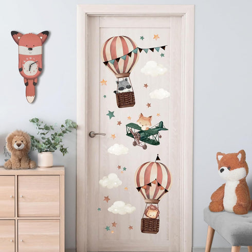 Yovkky Hot Air Balloon Airplane Wall Decals Stickers, Cute Animals Aircraft Lion Fox Raccoon Cloud Stars Neutral