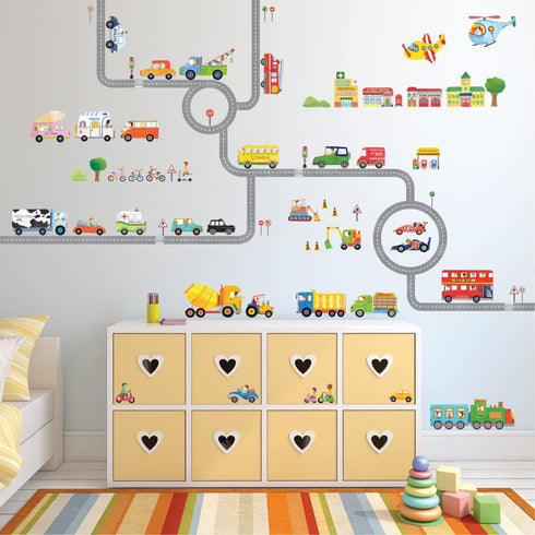 DECOWALL The Road and Cars Kids Wall Stickers, Peel and Stick Removable Wall Decals for Nursery Bedroom