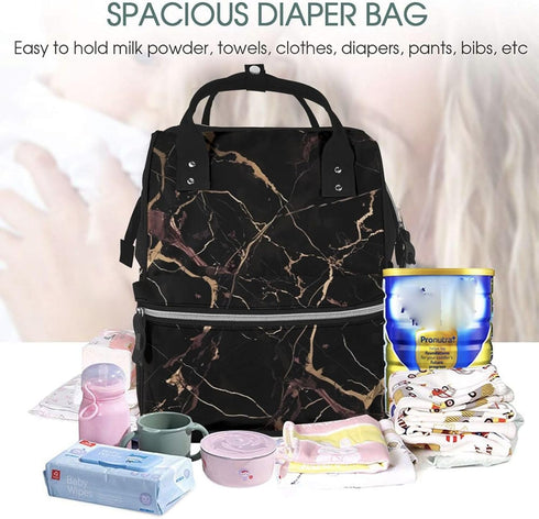 FHEDVBN Backpack Mummy Backpacks Daypack Black Gold Marble Diaper Bag for Women Multifunction Waterproof for Mom Dad