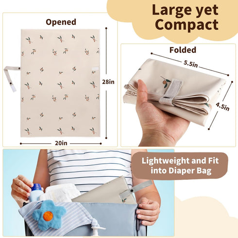 Vegan Leather Portable Changing Pad, Waterproof Compact Baby Mat, Foldable Travel Diaper Pad, Olive Branch with Strap,