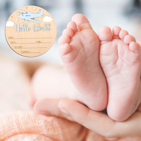 Penitue 5.9in Hello World Newborn Sign with Pen, Round Newborn Welcome Birth Name Sign Airplane and Cloud Decoration