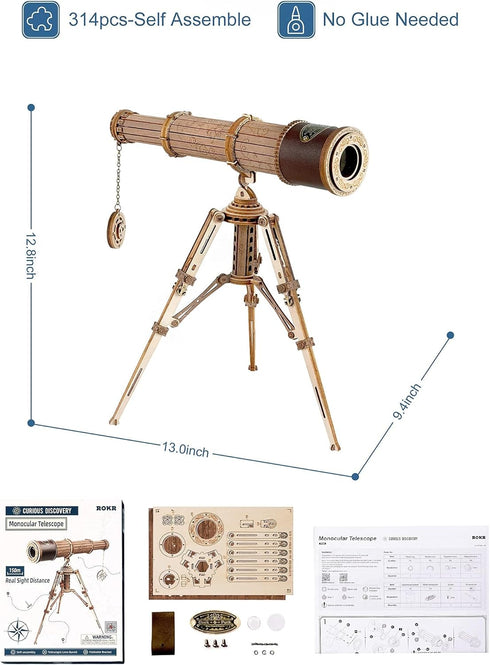 ROKR 3D -3X Puzzles for Adults Wooden Telescope Building Model Kit with Tripod for Adults Magnification Science Kit