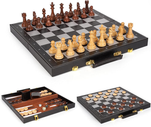 3 in 1 Magnetic Chess Set & Checkers Backgammon Board Game Set,