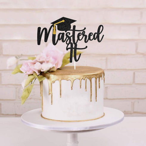Black Glitter Mastered It Cake Topper - College Grad Congratulations MBA Graduation Party Decorations