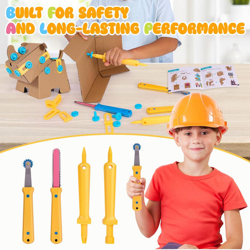 Zentara Set, 232-Piece Kids Cardboard Tool STEM Building Kit with Safe Wooden Cutter, Reusable Bolts & Nuts, Hinges