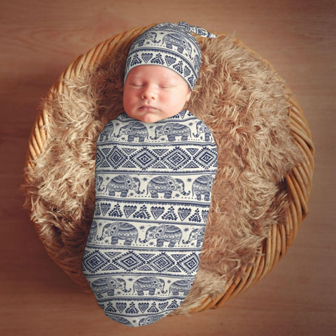 Vintage Elephant Newborn Swaddle Blanket and Hat Set, Soft Baby Receiving Blanket Swaddle Sack for Gift