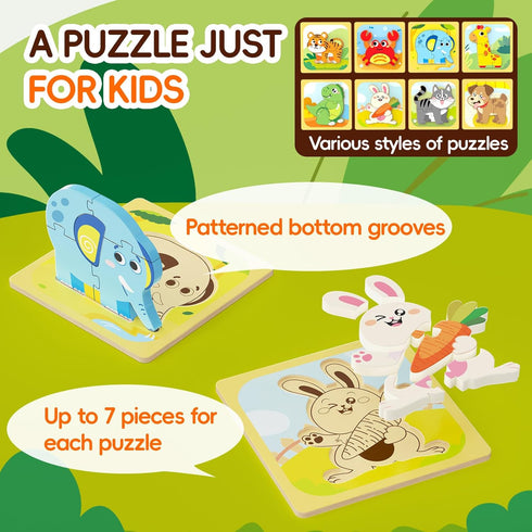 FunMission 8Pcs 3+ Puzzles, Animals Pegged Puzzles Toddler Toys, Brain Teaser Puzzles Montessori, Wooden Games