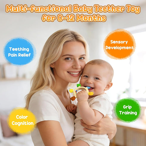 CAHILON 3-6 6-12 Teething Ring Toys Months, BPA-Free Silicone Infant Rattle Teethers for Babies Months, Baby Essentials