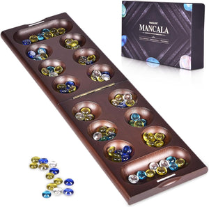 Wooden Mancala Board Game with Magnetic Lock - 48+8 Extra Multi Color Glass Stones, Folding Set for 2 Players, Ages 6+