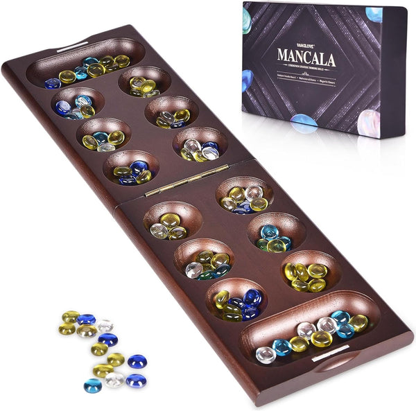 Wooden Mancala Board Game with Magnetic Lock - 48+8 Extra Multi Color Glass Stones, Folding Set for 2 Players, Ages 6+