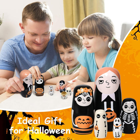 Tngan Halloween Nesting Dolls - 5Pcs 6" Tall Russian Handmade Matryoshka for Kids, Wooden Stacking Toys for Halloween