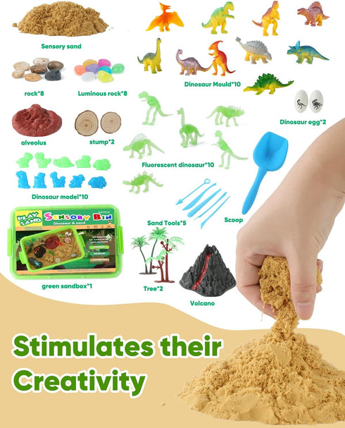 sikmcle Set 3-6+ Dinosaur Sensory Bin Toy for Toddlers and Play Sand for Kids Include Glow in The Dark Dinosaur Ages