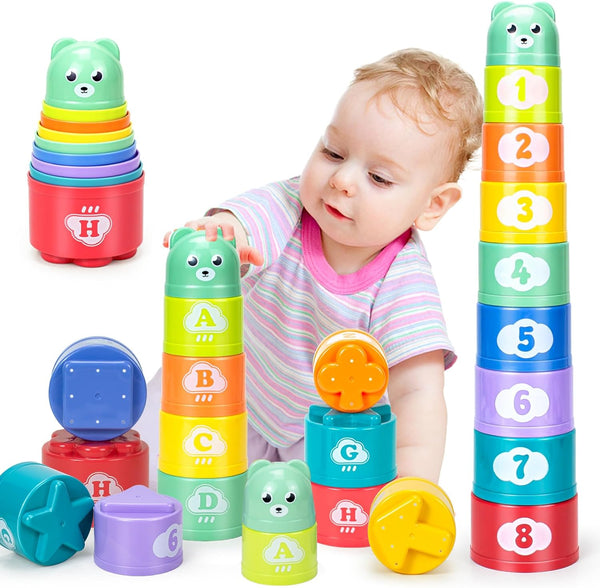 Stacking Cups Toys for Toddlers, Soft Blocks Teething Toy for Babies, Montessori Educational Bath Fun