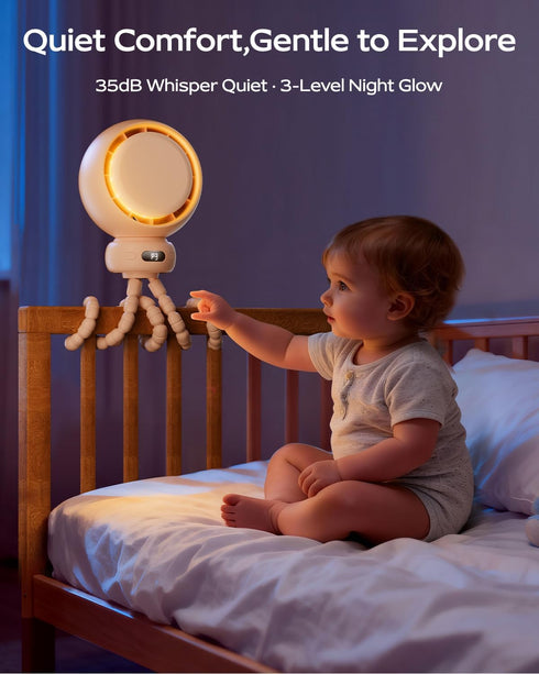 60 4 Mini Portable Stroller Fan Auto Oscillation, Quiet USB-C Rechargeable Baby Fan, Speeds, Night Light & Warning