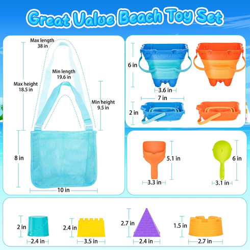 Collapsible Sand Toys - 9pcs Sand Castle Building Kit: Foldable Buckets, Shovels, Molds & Mesh Bag for Kids 3-12
