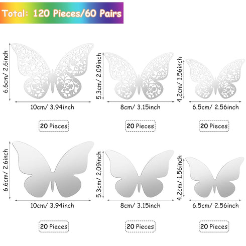 Outus 120 Pieces Sequined Silver 3D Layered Butterfly Wall Decor, Removable Stickers for Birthday Cake Crafts