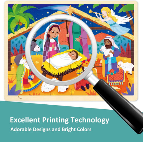 Wooden Nativity Puzzle for Kids Ages 3-5 - 24 Piece Christmas Jigsaw Puzzle with Tray for Toddlers