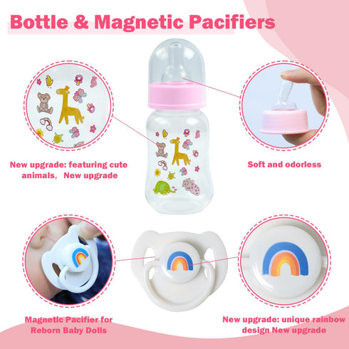 Set 3 SCOM Reborn Baby Doll Accessories - Rainbow Magnetic Pacifiers & Removable Reusable Baby Doll Bottles