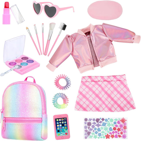 17 18 Inch Set Backpack 18" Ecore Fun Pcs American Doll Accessories Cosmetic with & Outfits | Pretend Play Makeup Kit
