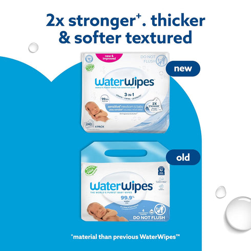 3-In-1 99.9% 240 Count (4 Packs) WaterWipes Sensitive+ Newborn & Baby Wipes, Cleans, Cares, Protects, Water, Unscented